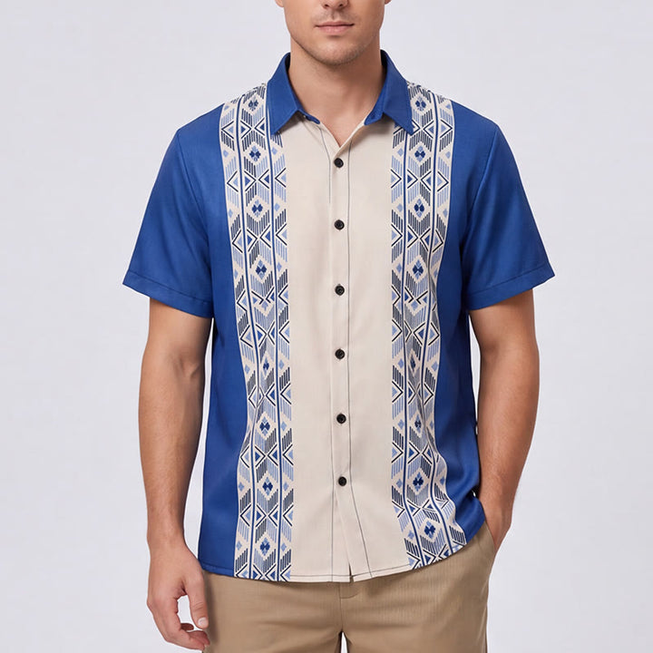 Camicia da uomo blu e beige con stampa verticale azteca di ispirazione etnica. - image 1