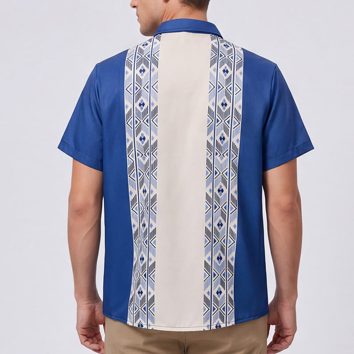 Camicia da uomo blu e beige con stampa verticale azteca di ispirazione etnica. - image 2
