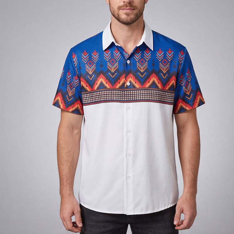Camicia da uomo blu e bianca con stampa a motivi geometrici e tribali aztechi. - image 1