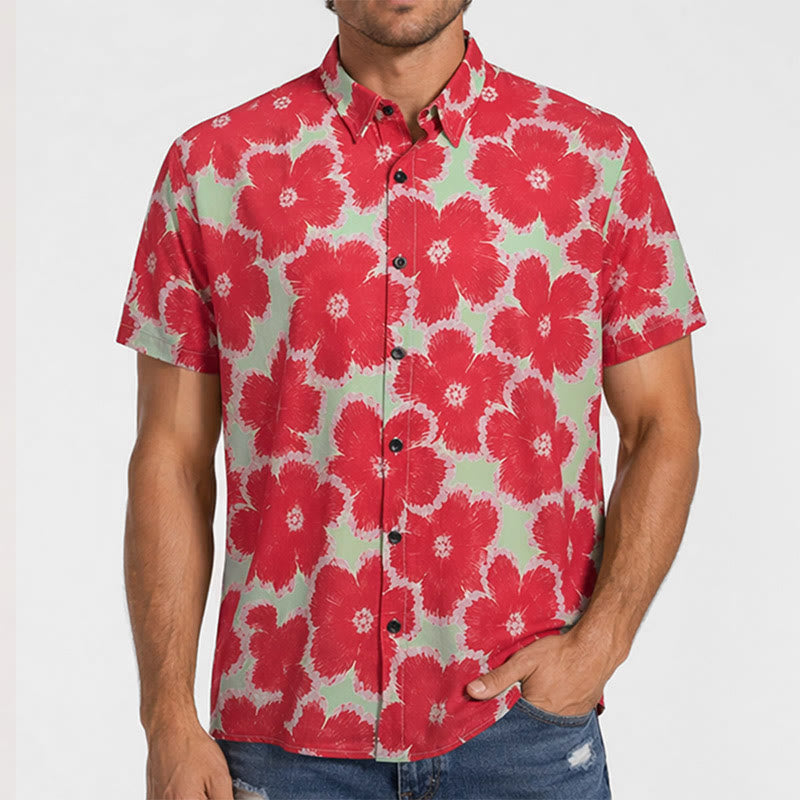 Camicia da vacanza con vivace motivo floreale rosso e base verde - image 1