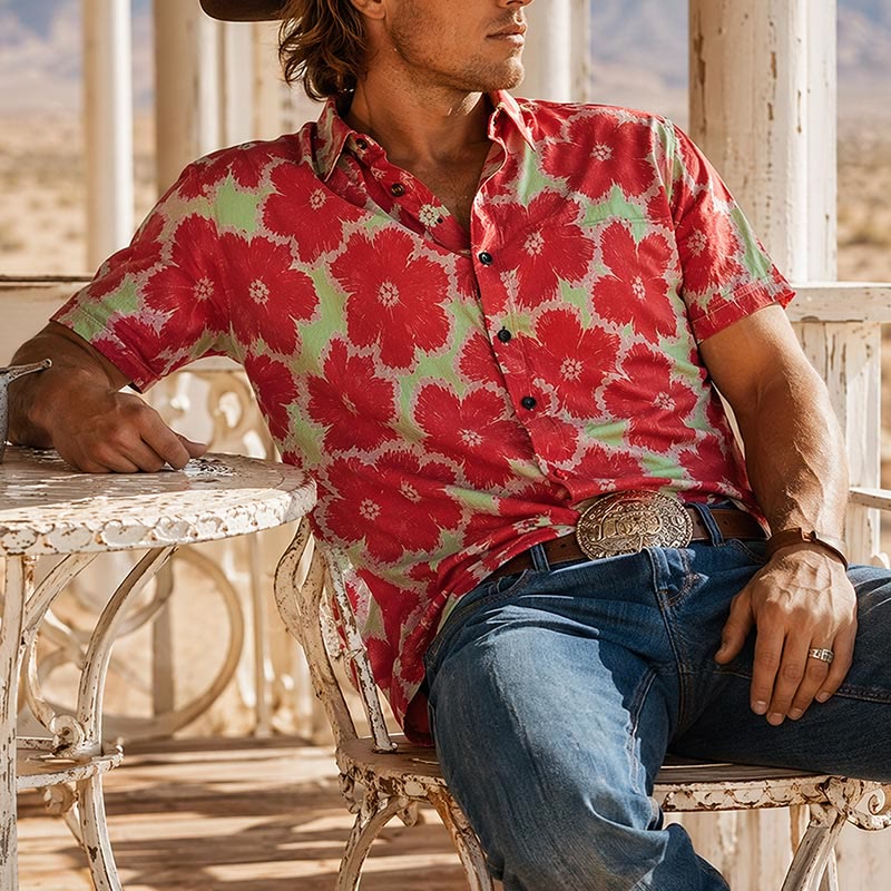 Camicia da vacanza con vivace motivo floreale rosso e base verde - Rosso - 5XL - image 0