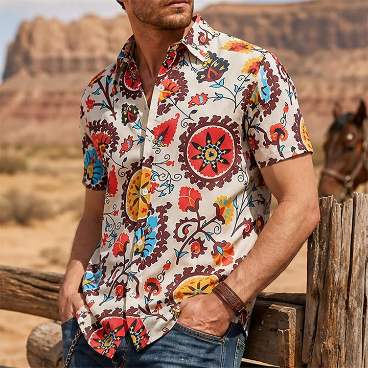 Camicia retrò boho con motivo floreale mandala rosso e giallo - Rosso e giallo - 3XL - image 0