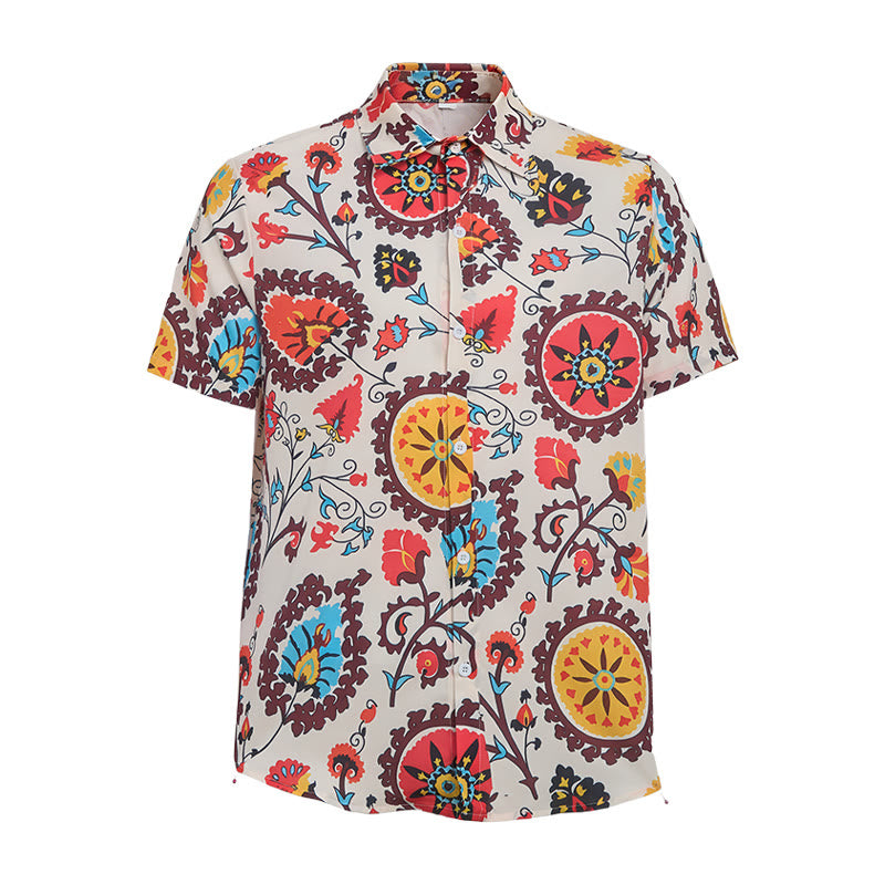 Camicia retrò boho con motivo floreale mandala rosso e giallo - image 9