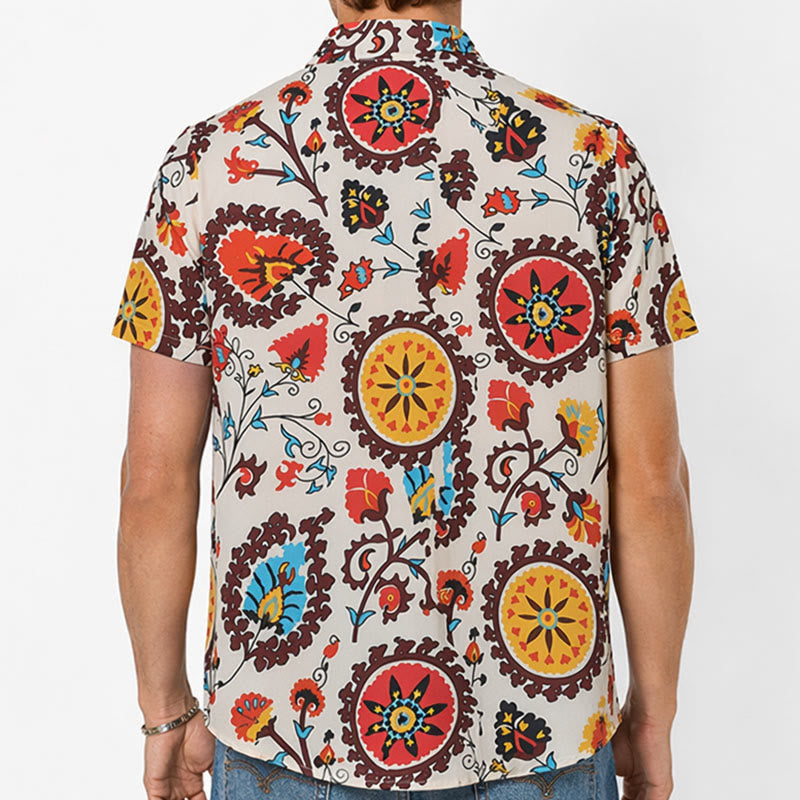 Camicia retrò boho con motivo floreale mandala rosso e giallo - image 2