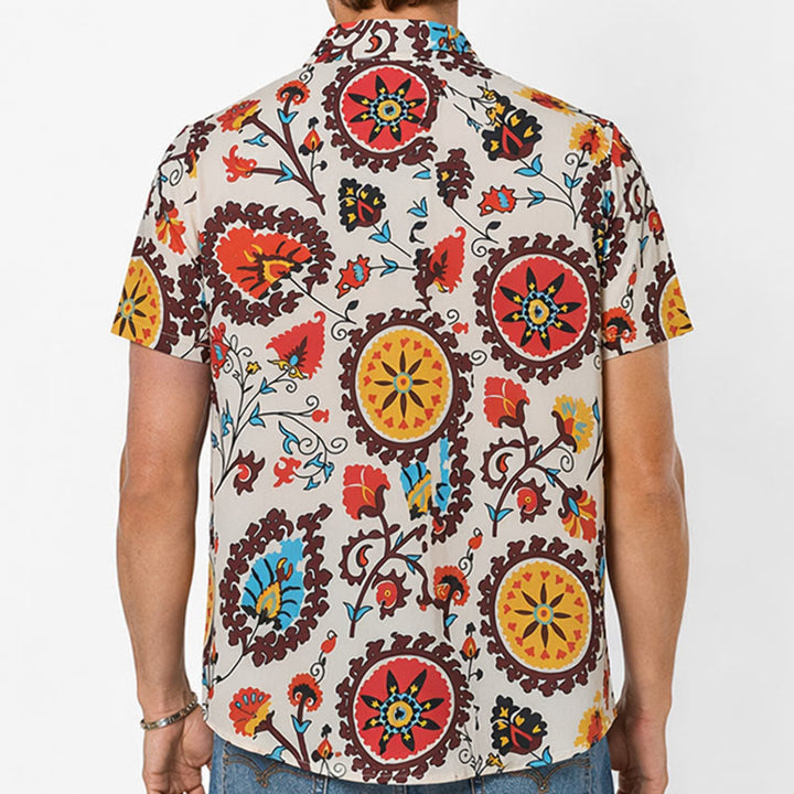 Camicia retrò boho con motivo floreale mandala rosso e giallo - image 2
