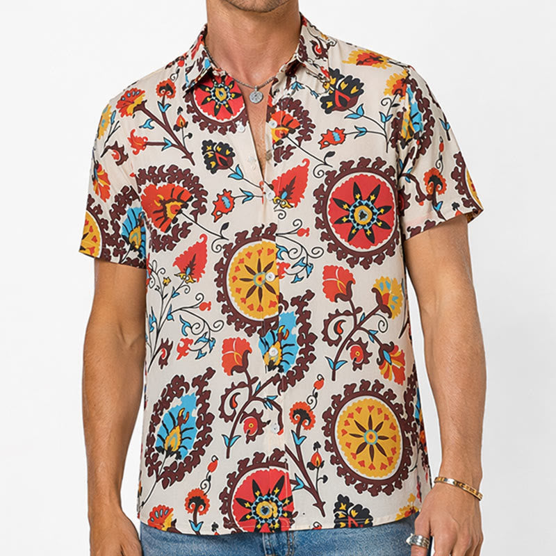 Camicia retrò boho con motivo floreale mandala rosso e giallo - image 1
