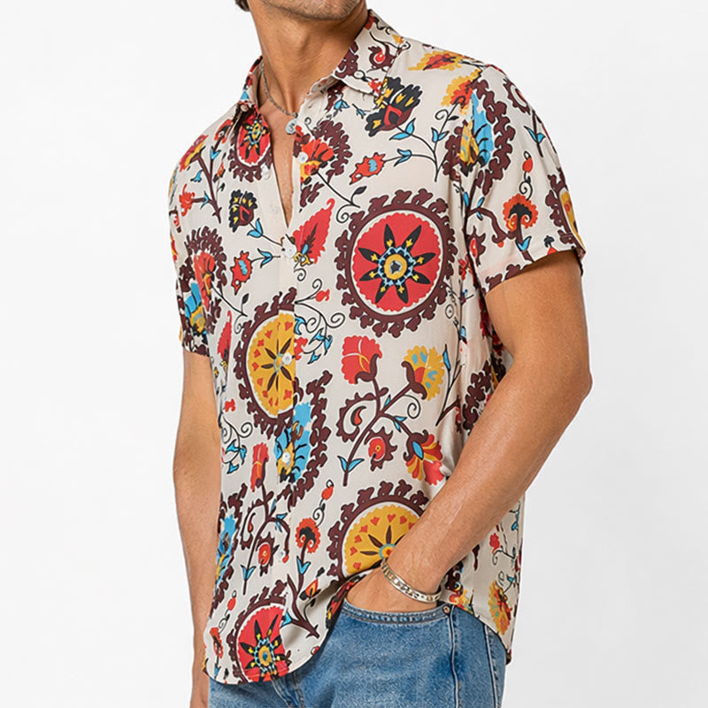 Camicia retrò boho con motivo floreale mandala rosso e giallo - image 3