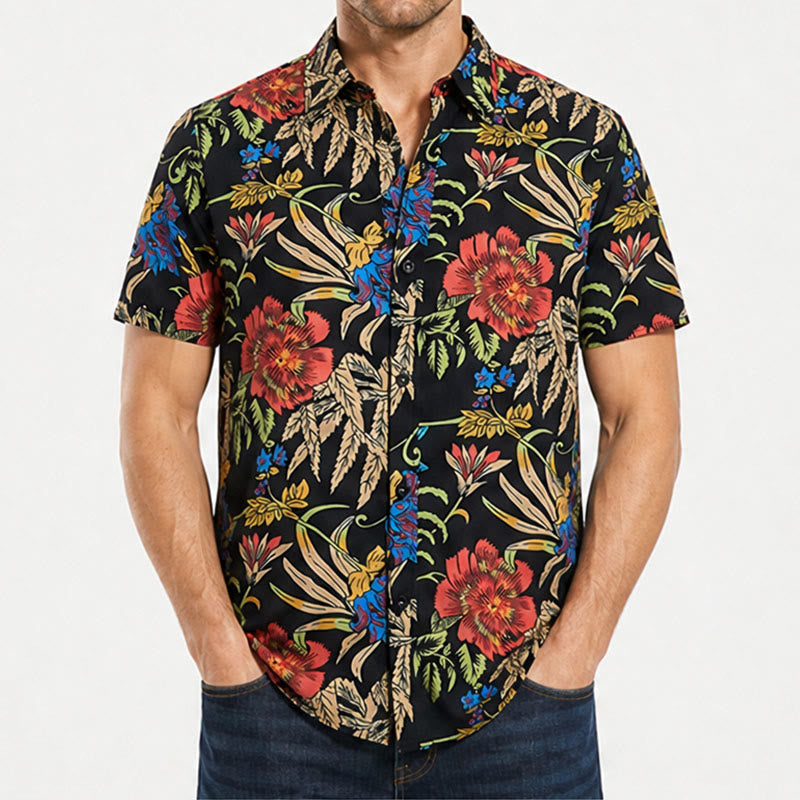 Maglietta nera con stampa botanica esotica in stile retrò tropicale. - image 1