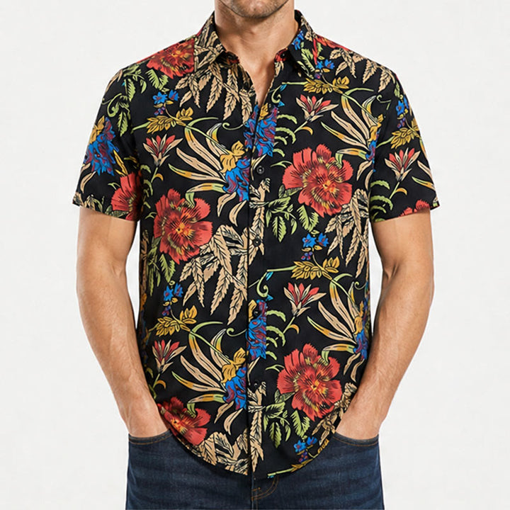 Maglietta nera con stampa botanica esotica in stile retrò tropicale. - image 1