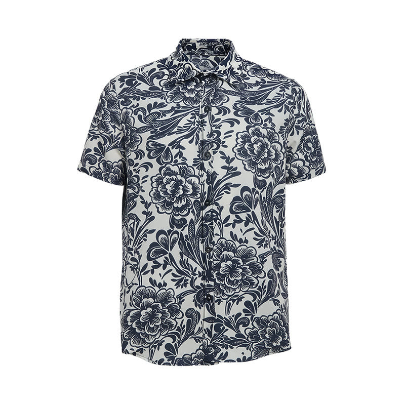 Camicia estiva minimalista blu navy a fantasia floreale con bottoni. - image 9