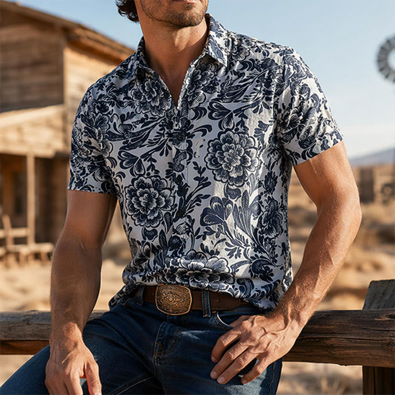 Camicia estiva minimalista blu navy a fantasia floreale con bottoni. - Blu navy - 3XL - image 0