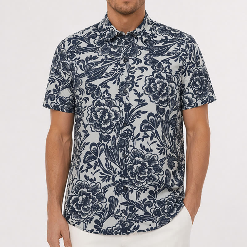 Camicia estiva minimalista blu navy a fantasia floreale con bottoni. - image 1