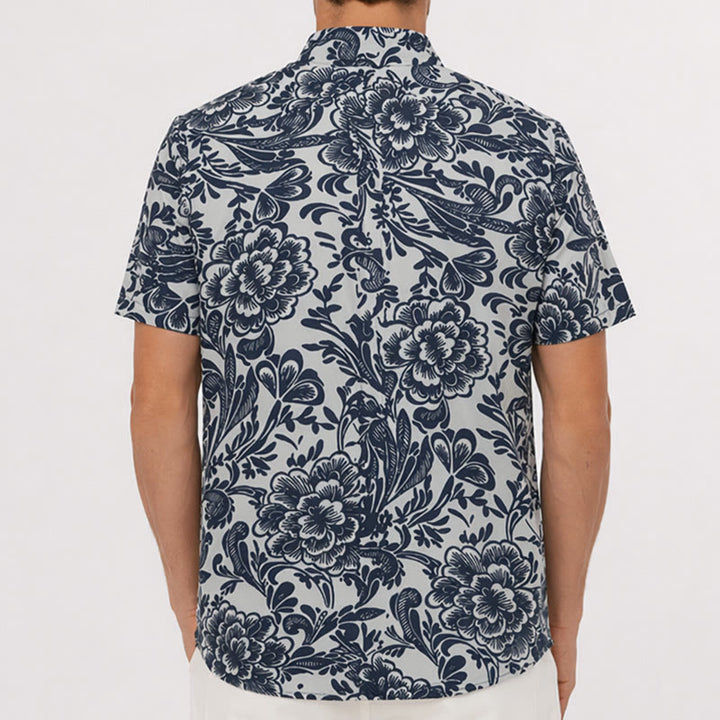 Camicia estiva minimalista blu navy a fantasia floreale con bottoni. - image 2
