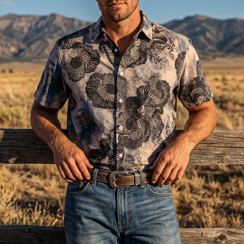 Camicia casual con stampa floreale monocromatica di papaveri scuri - Nero e beige - 3XL - image 0