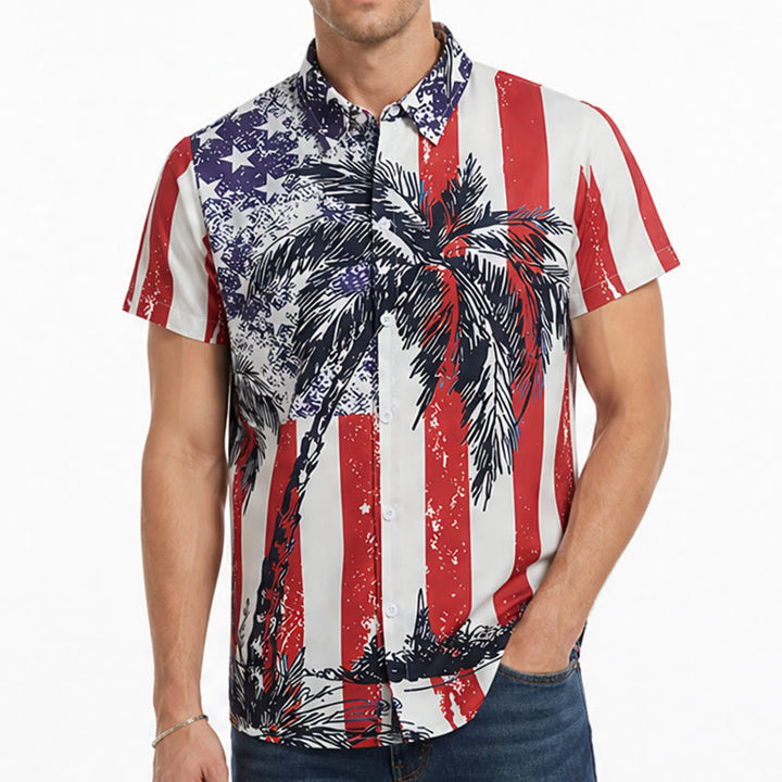 Maglietta patriottica da spiaggia tropicale con bandiera americana e palma. - image 1