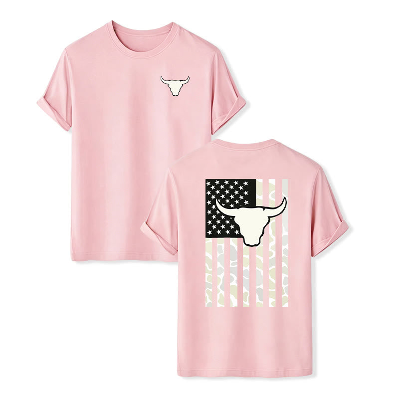 Maglietta con teschio di toro e bandiera patriottica del West americano - Rosa - 2XL - image 8