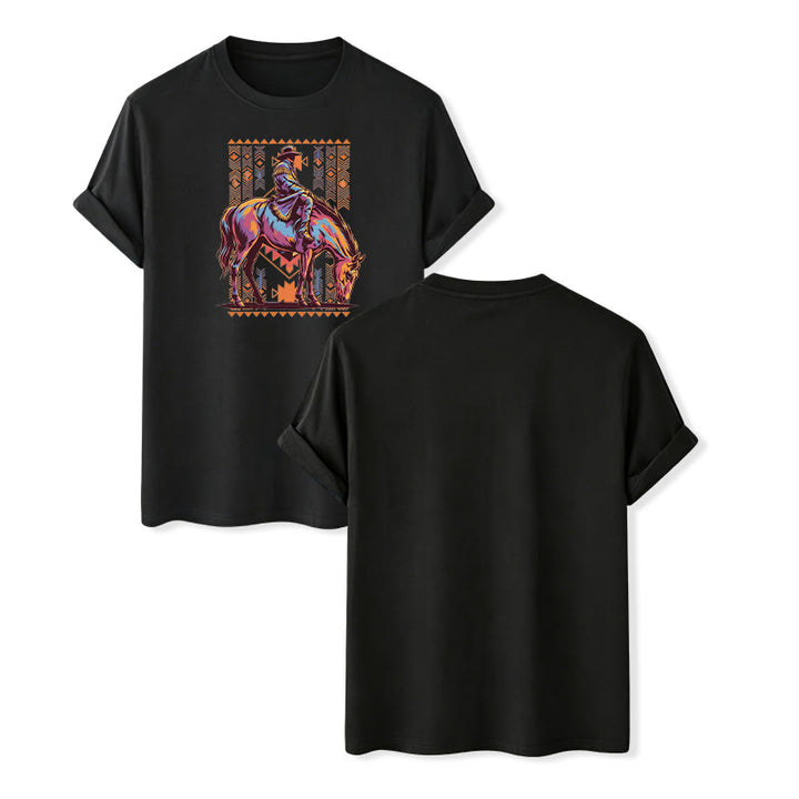 Maglietta western con stampa artistica colorata di un cavaliere azteco - Nero - 2XL - image 13