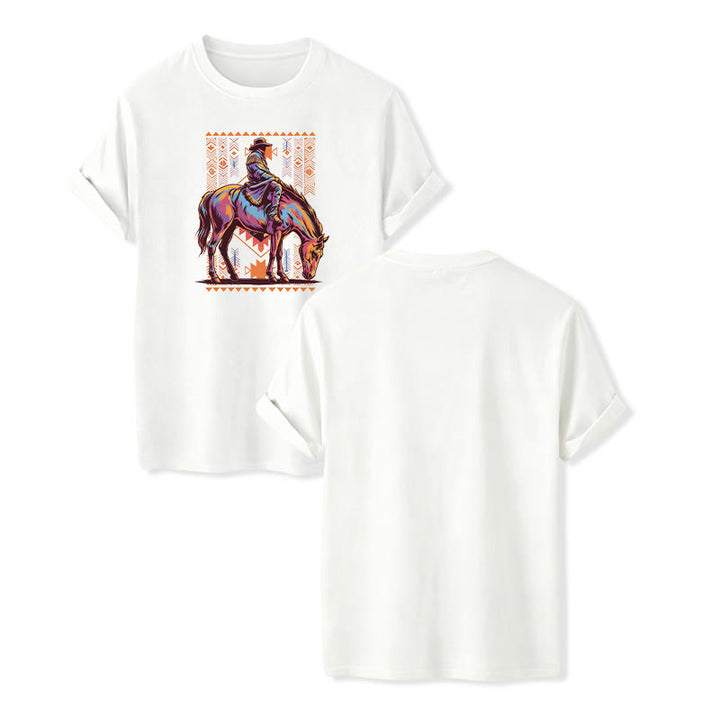 Maglietta western con stampa artistica colorata di un cavaliere azteco - Bianco - 2XL - image 7