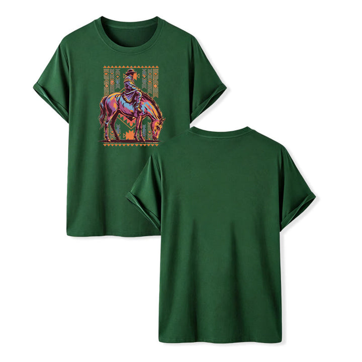Maglietta western con stampa artistica colorata di un cavaliere azteco - Verde scuro - 2XL - image 14