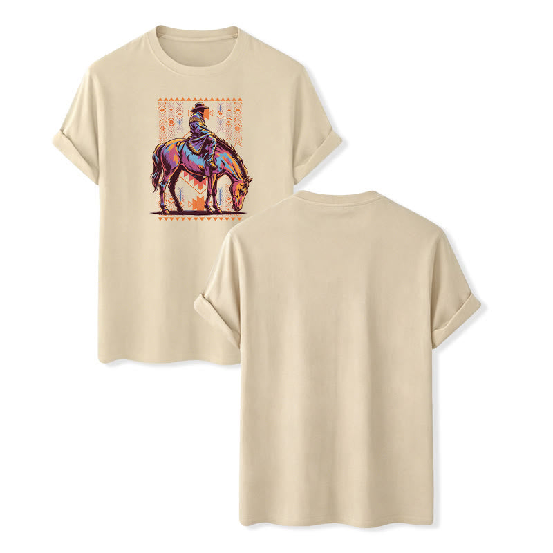 Maglietta western con stampa artistica colorata di un cavaliere azteco - Beige - 2XL - image 1