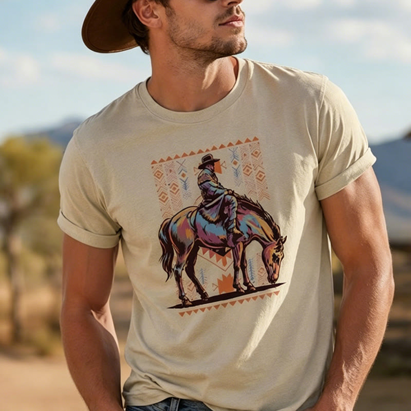 Maglietta western con stampa artistica colorata di un cavaliere azteco - image 0