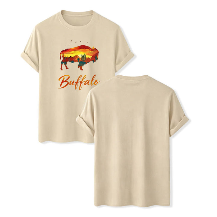 Maglietta western con silhouette di bufalo al tramonto, stile selvaggio e libero - Beige - 2XL - image 13