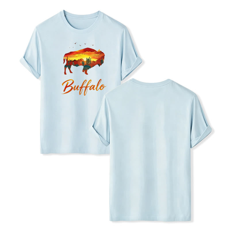 Maglietta western con silhouette di bufalo al tramonto, stile selvaggio e libero - Blu - 2XL - image 11
