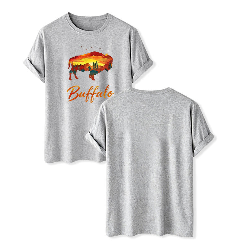 Maglietta western con silhouette di bufalo al tramonto, stile selvaggio e libero - Grigio - 2XL - image 10