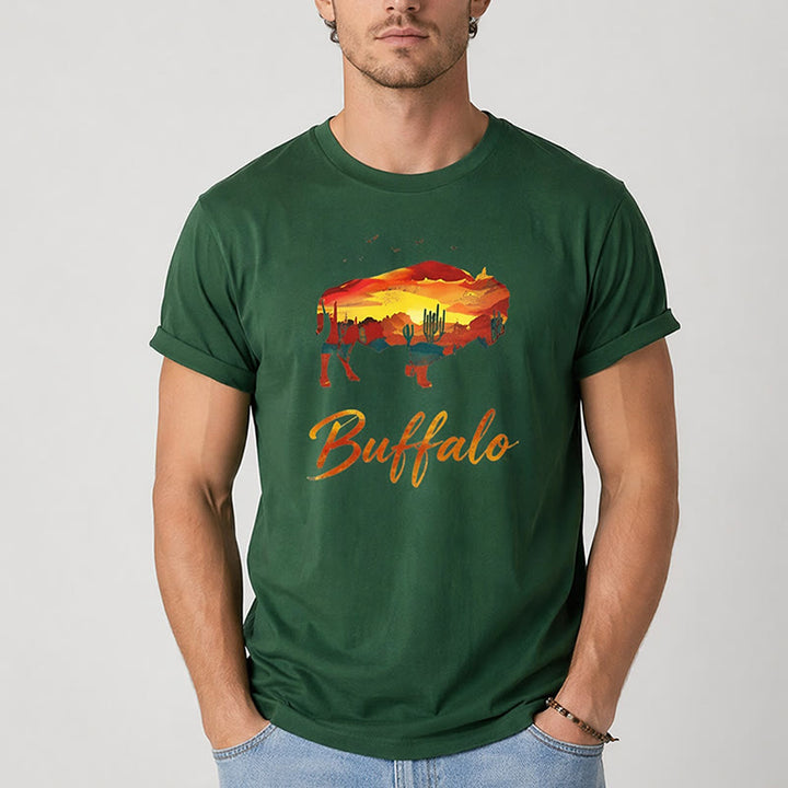 Maglietta western con silhouette di bufalo al tramonto, stile selvaggio e libero - image 2