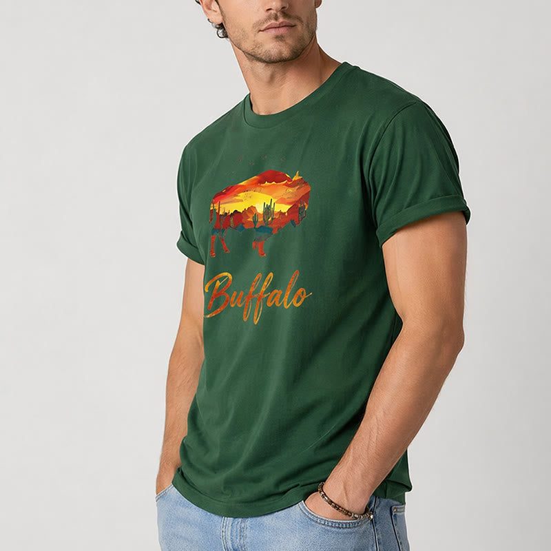 Maglietta western con silhouette di bufalo al tramonto, stile selvaggio e libero - image 4
