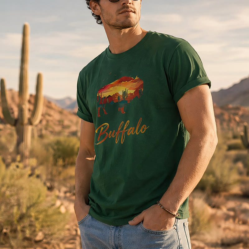 Maglietta western con silhouette di bufalo al tramonto, stile selvaggio e libero - image 0