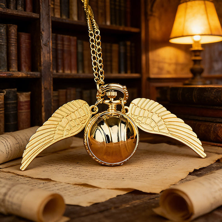 Collana con orologio da tasca a sfera rotonda con ali dorate - image 1