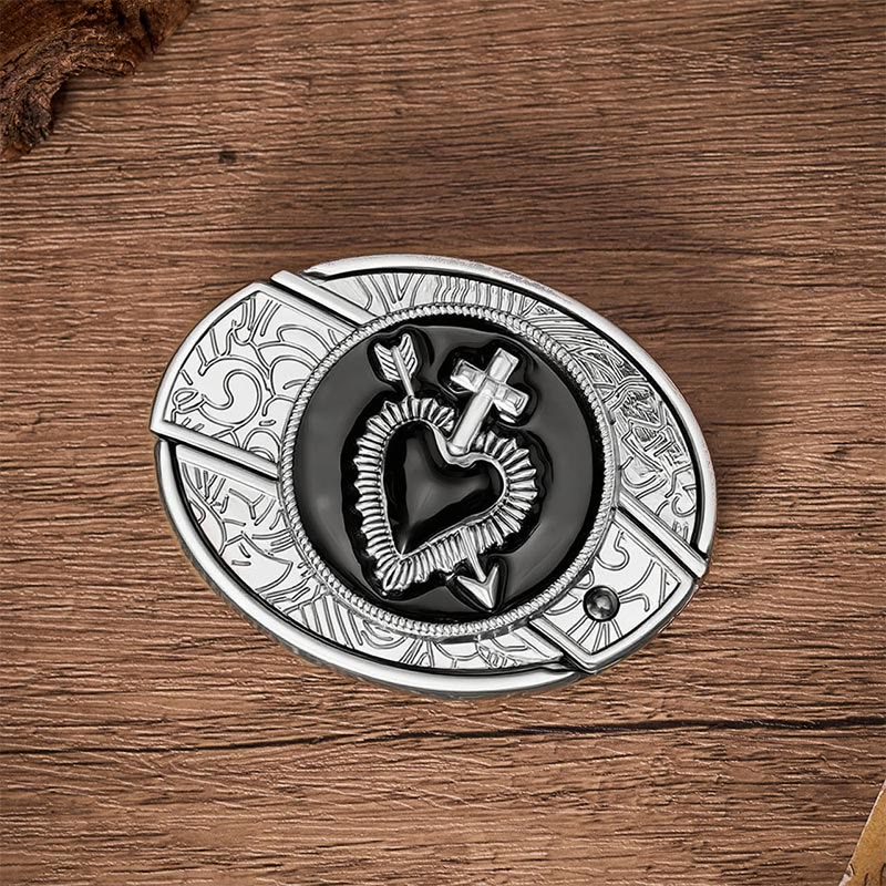 Cintura in pelle con fibbia a scomparsa a forma di cuore e freccia in smalto nero, ideale per nascondere un coltello pieghevole. - image 9