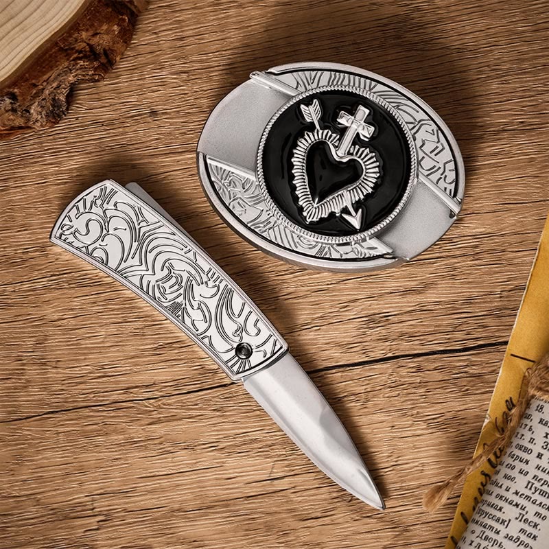 Cintura in pelle con fibbia a scomparsa a forma di cuore e freccia in smalto nero, ideale per nascondere un coltello pieghevole. - image 1