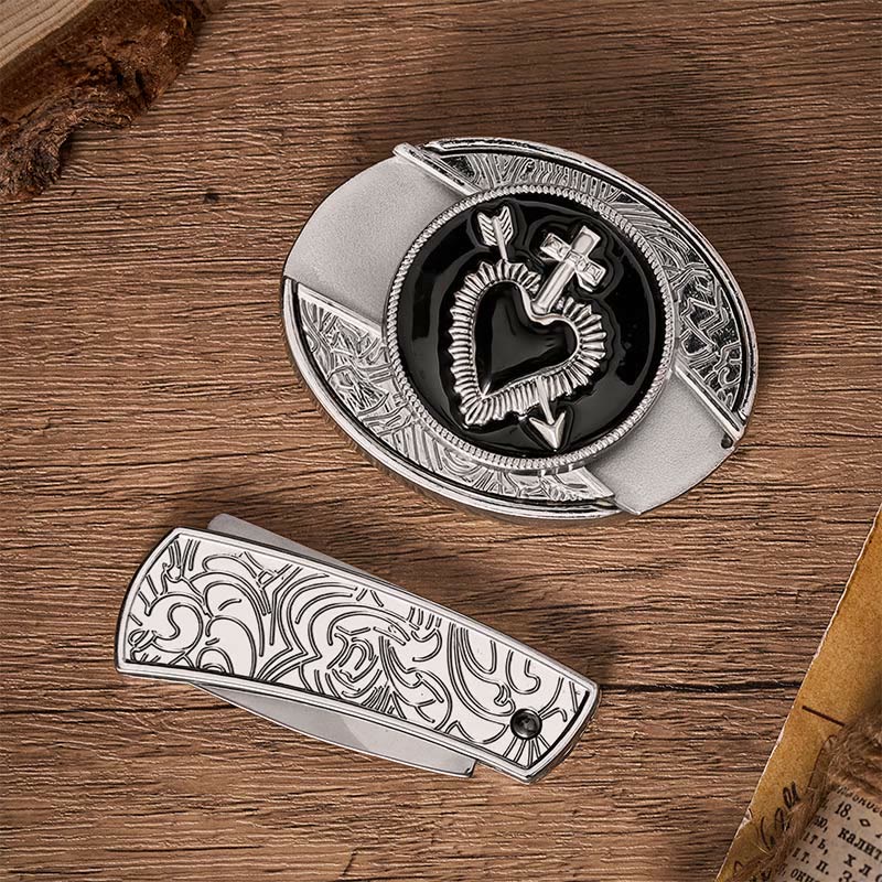 Cintura in pelle con fibbia a scomparsa a forma di cuore e freccia in smalto nero, ideale per nascondere un coltello pieghevole. - image 10