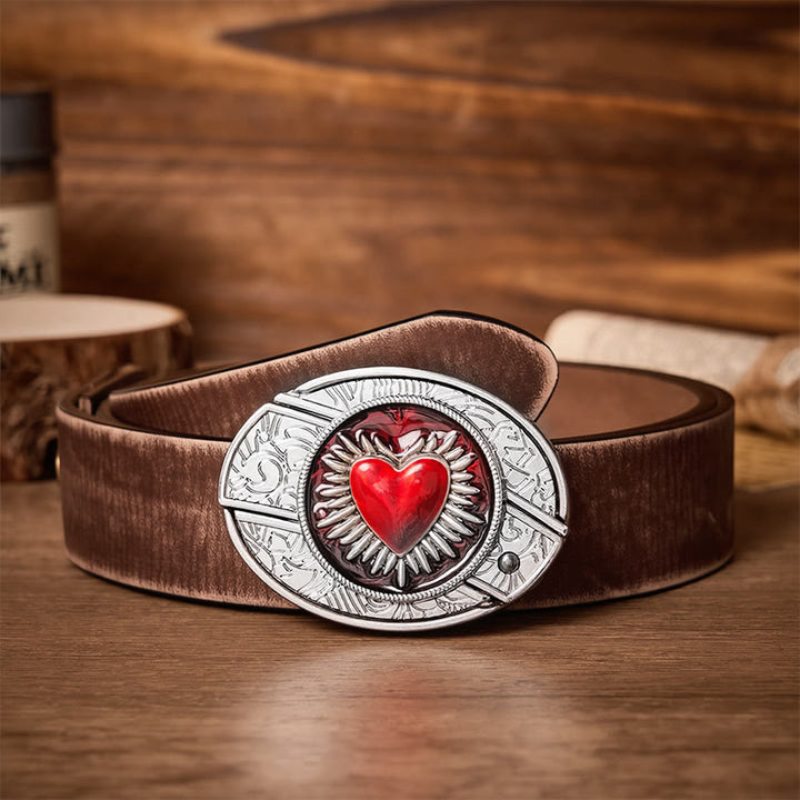 Cintura in pelle con fibbia a coltello pieghevole nascosto fai-da-te a forma di Sacro Cuore Fiammeggiante - Cuore fiammeggiante - Cintura marrone effetto invecchiato - 42 - image 5
