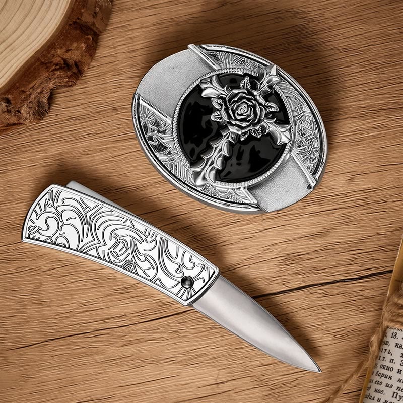 Cintura in pelle con fibbia a coltello pieghevole nascosto fai-da-te a forma di croce di rosa nera. - image 1