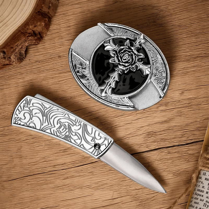 Cintura in pelle con fibbia a coltello pieghevole nascosto fai-da-te a forma di croce di rosa nera. - image 1