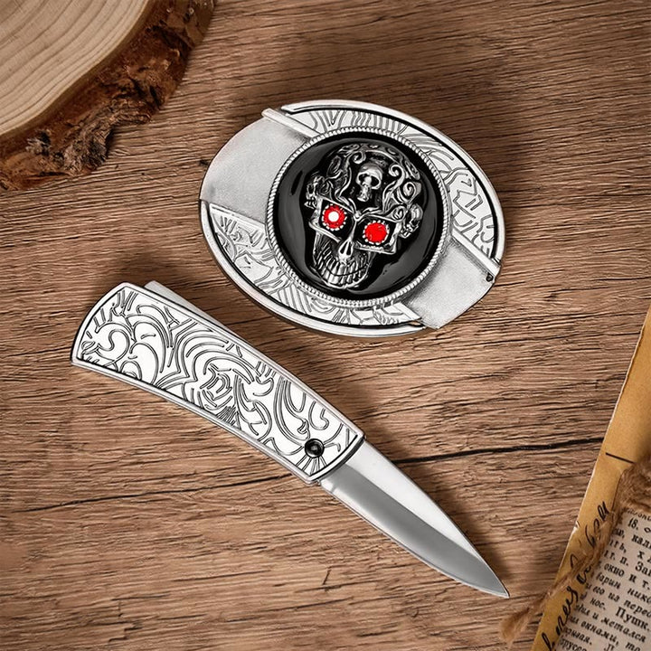 Cintura in pelle con fibbia a coltello pieghevole nascosto fai-da-te a forma di teschio di demone dagli occhi rossi - image 1