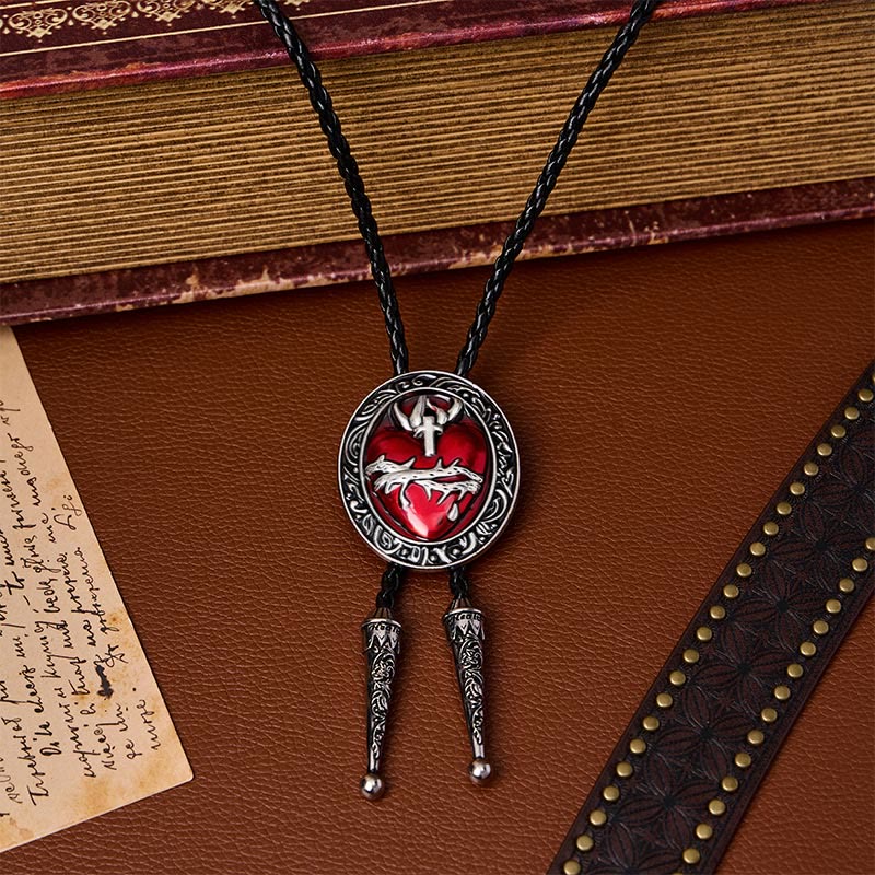 Cravatta bolo ovale smaltata con corona di spine e cuore sanguinante - Rosso e nero - image 0