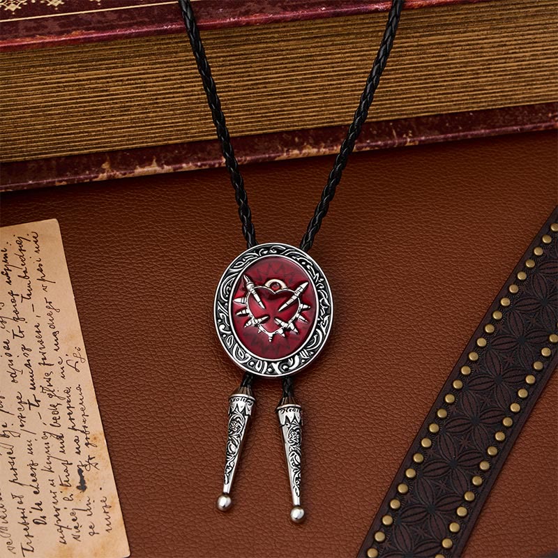 Cravatta bolo ovale vintage con motivo a proiettile a forma di cuore e spina rossa. - image 0