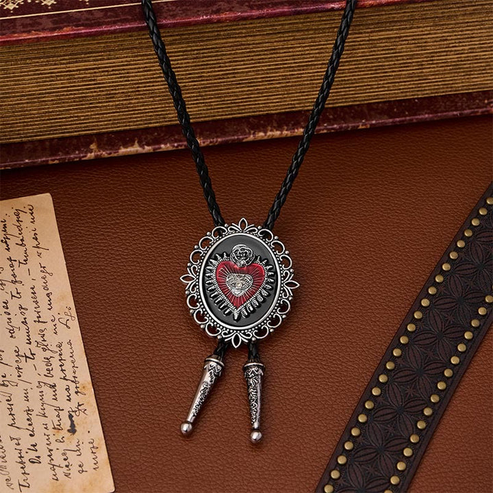 Cravatta bolo vintage con motivo floreale ovale, Sacro Cuore, Occhio di Rosa. - Rosso e nero - image 0