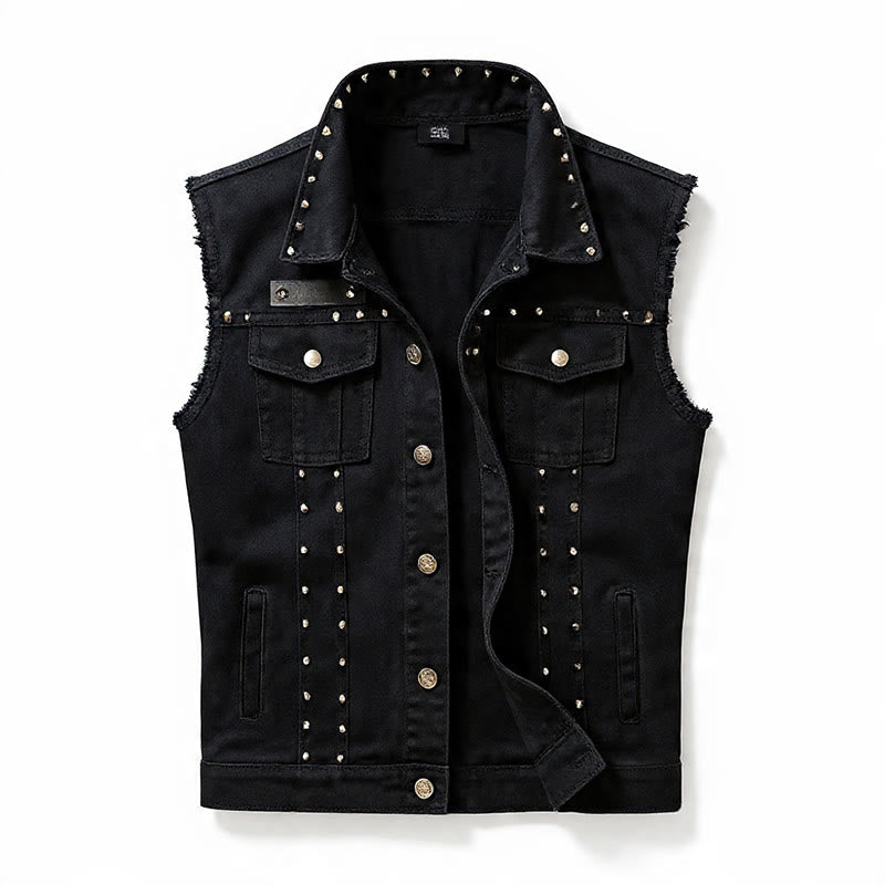 Gilet in denim nero con colletto borchiato, stile punk rock. - image 9