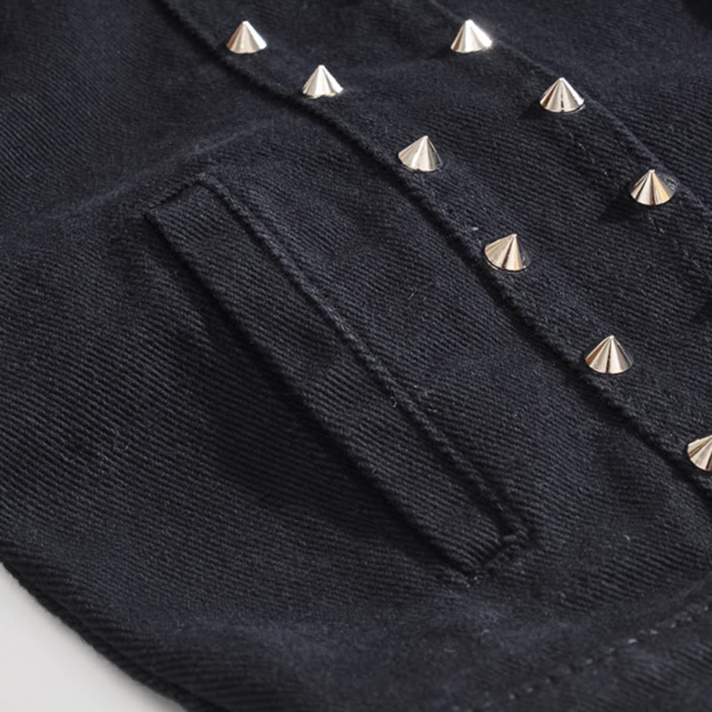 Gilet in denim nero con colletto borchiato, stile punk rock. - image 6
