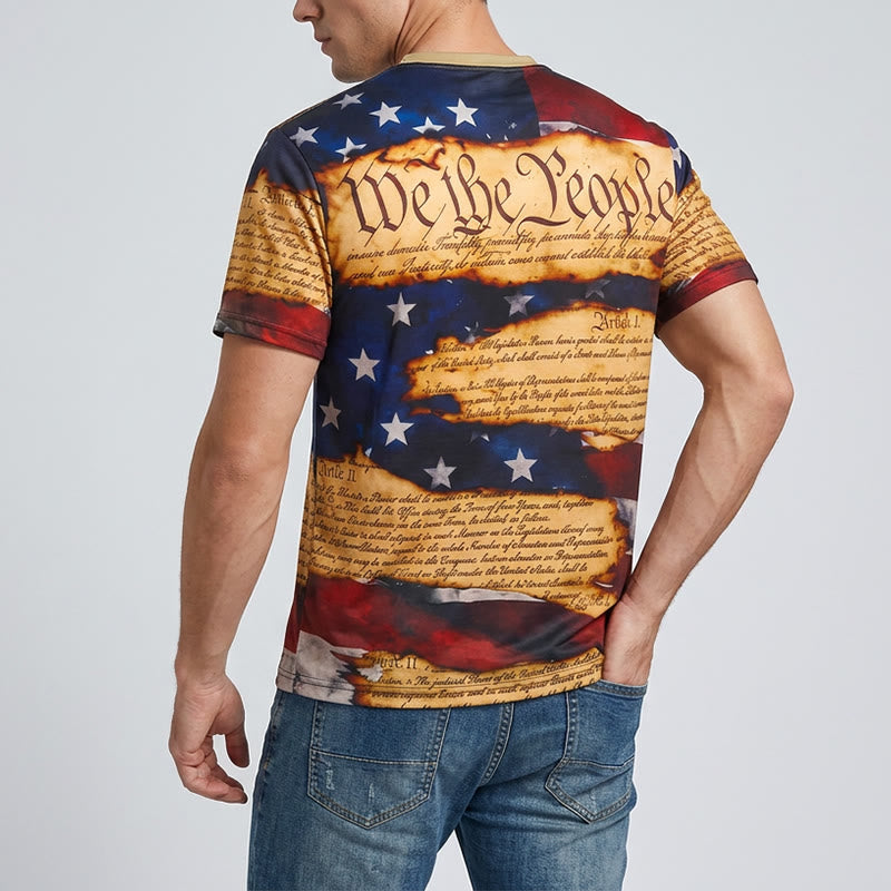 Camicia Henley da uomo con stampa vintage della bandiera americana e design testuale. - image 3