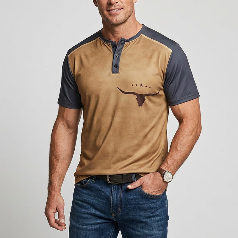 Camicia Henley da uomo vintage bicolore con stampa di tori western - image 1