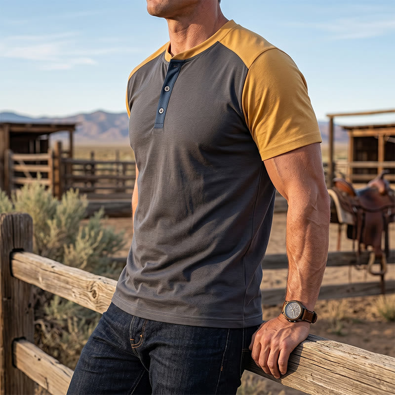 Camicia Henley da uomo vintage lavata, estiva e casual. - Kaki e grigio - 5XL - image 0