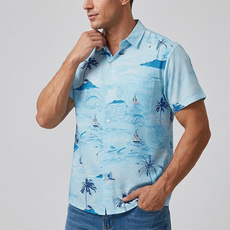Camicia da uomo con stampa hawaiana a tema vacanze al mare, con bottoni. - image 2