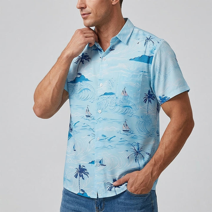 Camicia da uomo con stampa hawaiana a tema vacanze al mare, con bottoni. - image 2