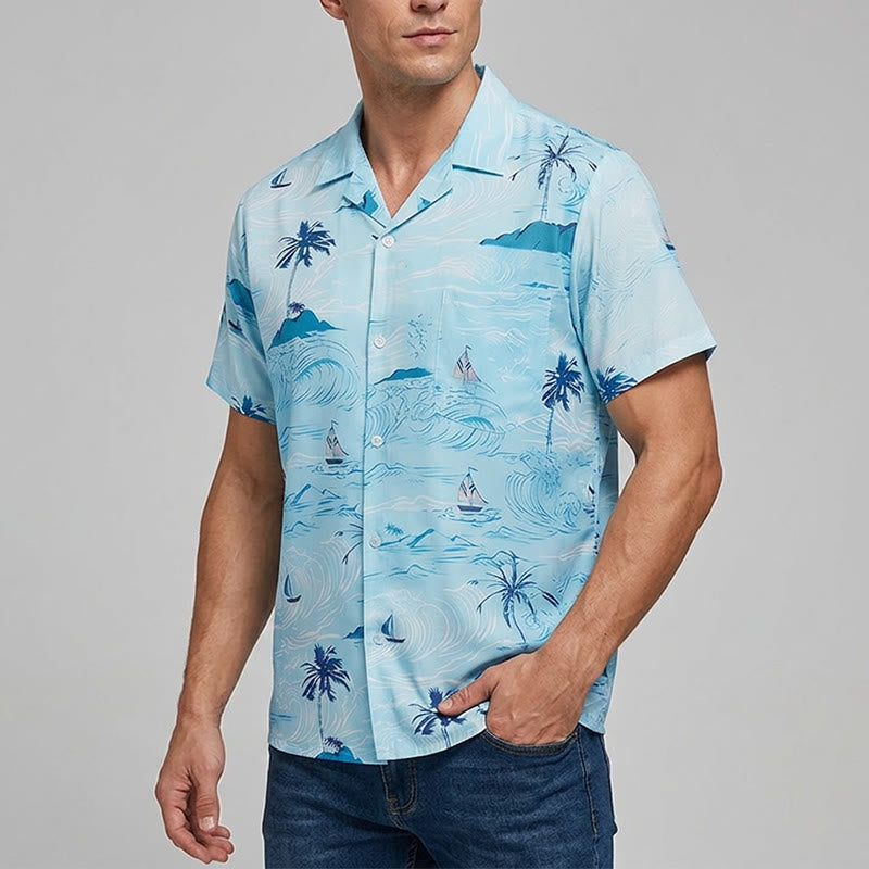 Camicia da uomo con stampa hawaiana a tema vacanze al mare, con bottoni. - image 1